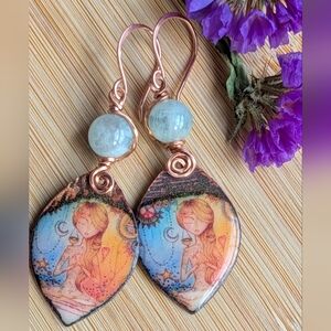 Artistic Fairy Earrings Aquamarine Blue Gemstone Accents Hand Crafted Copper